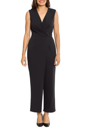 London Times V-neck sleeveless zipper closure pleated front straight pant scuba crepe jumpsuit