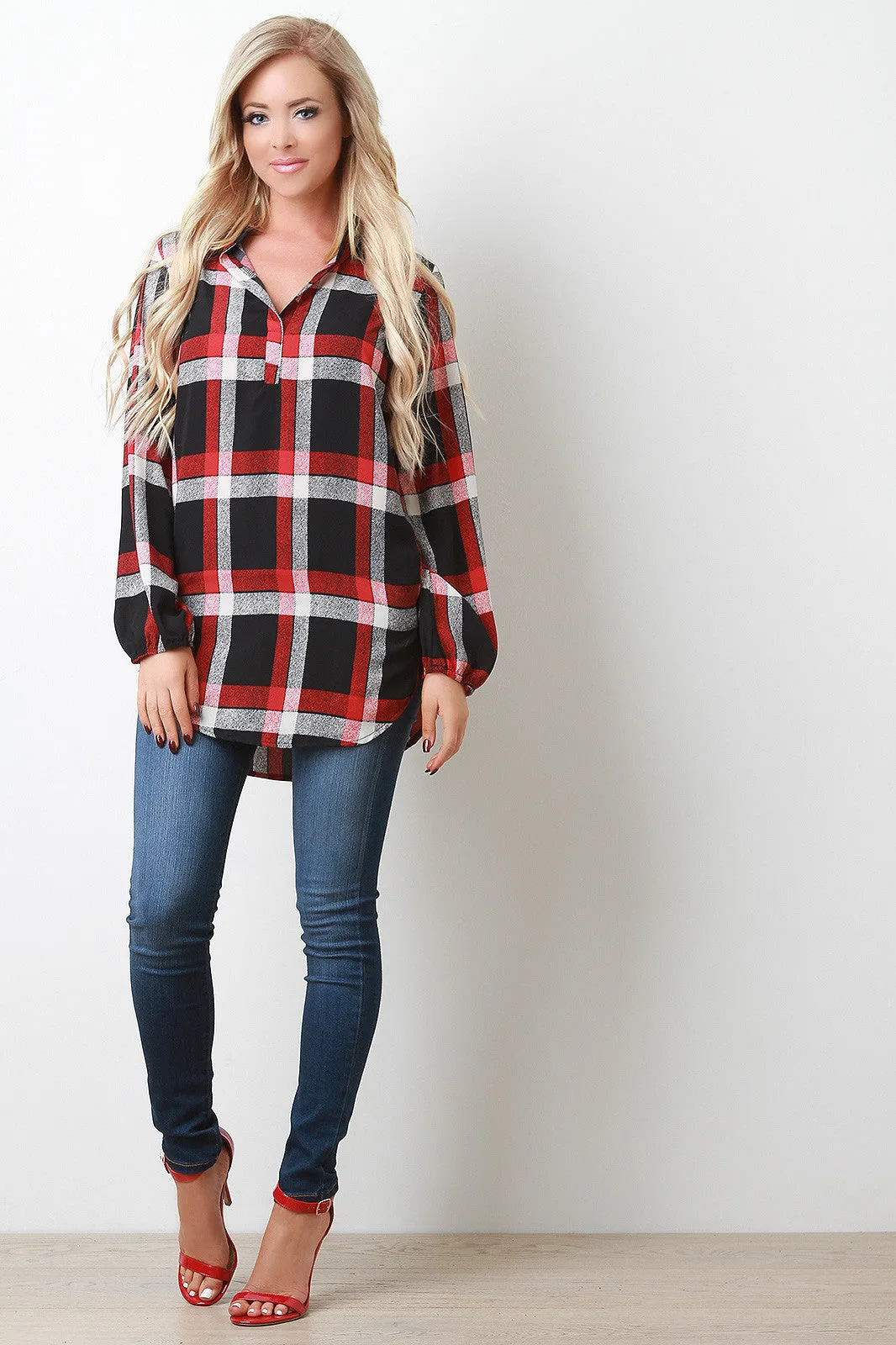 Madarin Collar Lightweight Plaid Top