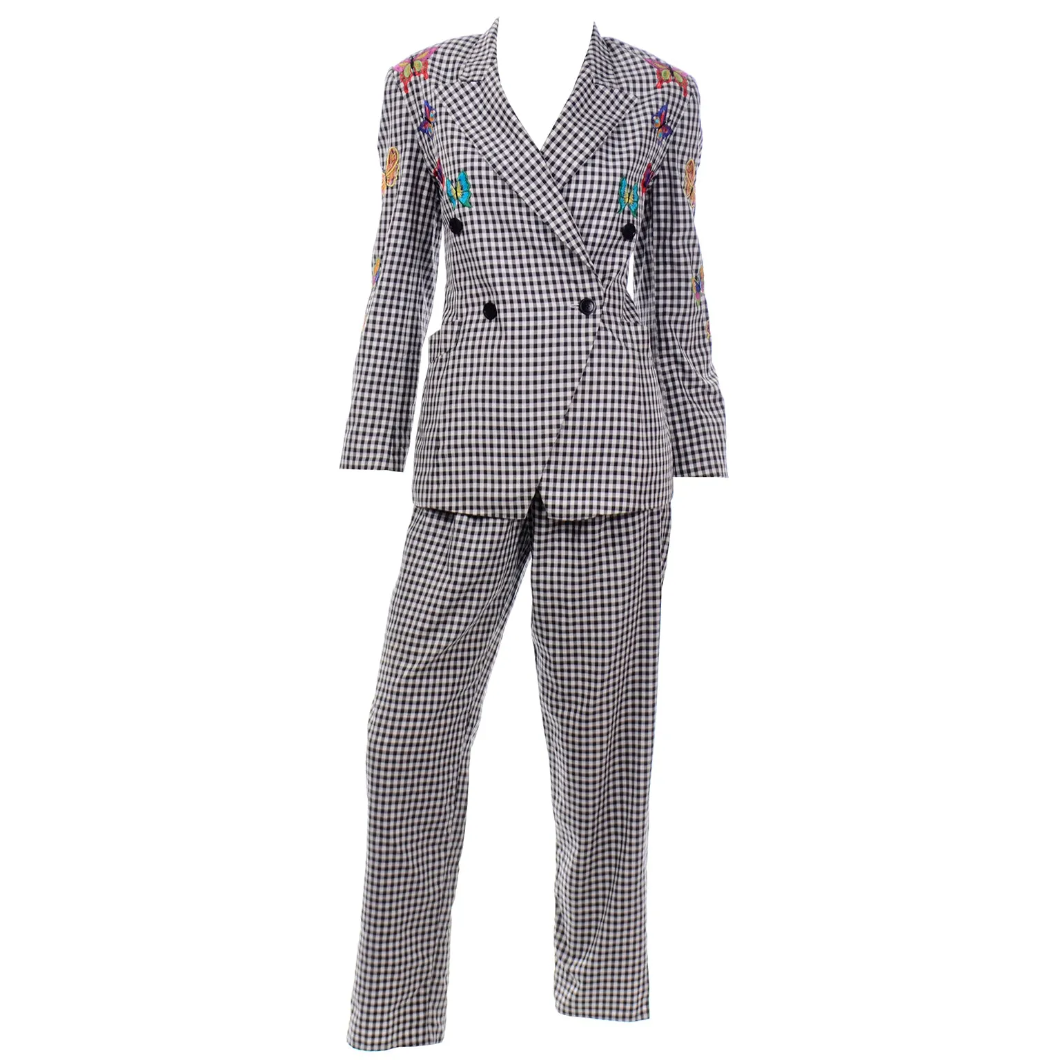 Margaretha Ley Escada 1980s Black & White Check Suit W Butterfly Jacket & Pants