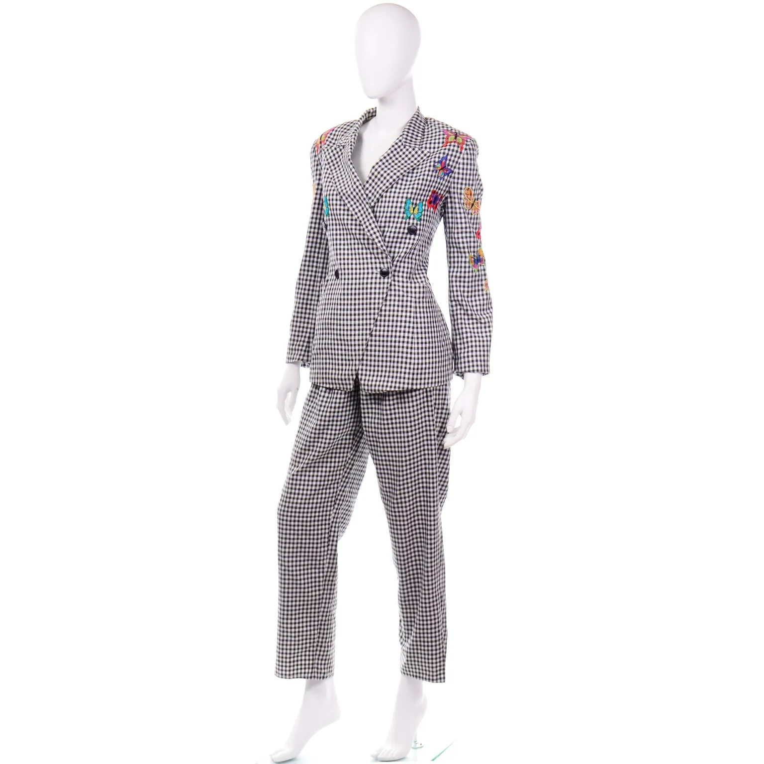 Margaretha Ley Escada 1980s Black & White Check Suit W Butterfly Jacket & Pants