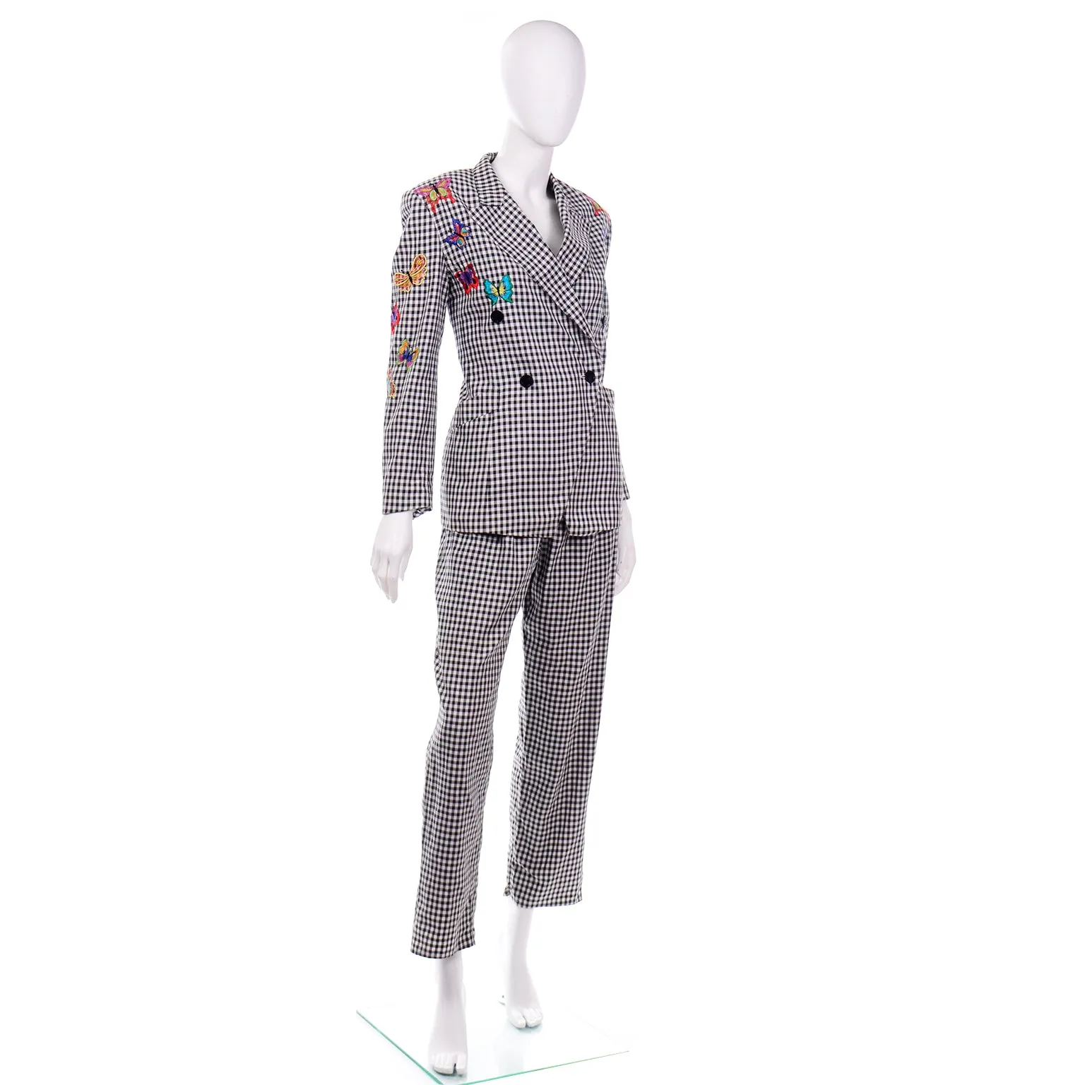 Margaretha Ley Escada 1980s Black & White Check Suit W Butterfly Jacket & Pants