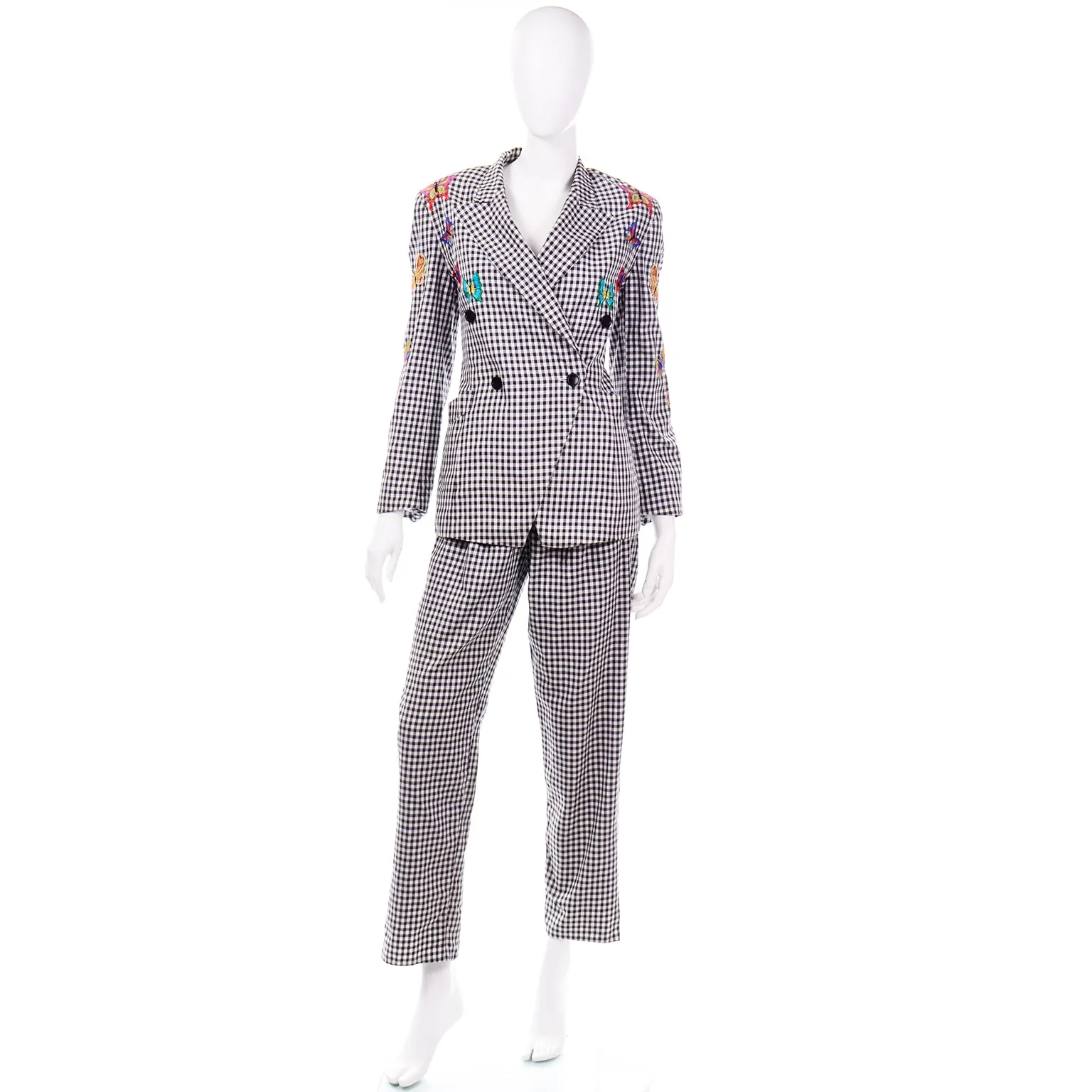 Margaretha Ley Escada 1980s Black & White Check Suit W Butterfly Jacket & Pants