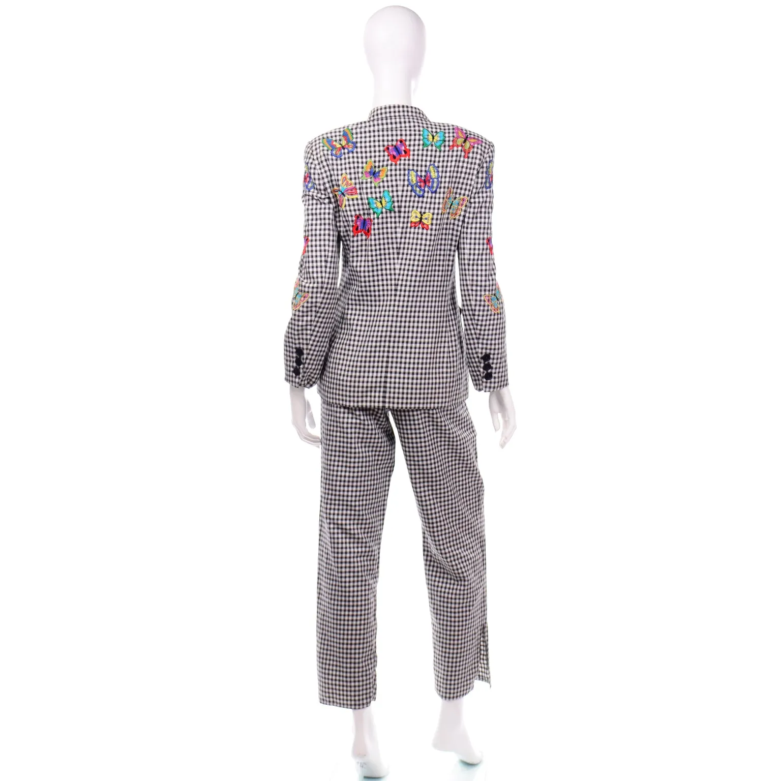 Margaretha Ley Escada 1980s Black & White Check Suit W Butterfly Jacket & Pants