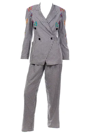 Margaretha Ley Escada 1980s Black & White Check Suit W Butterfly Jacket & Pants