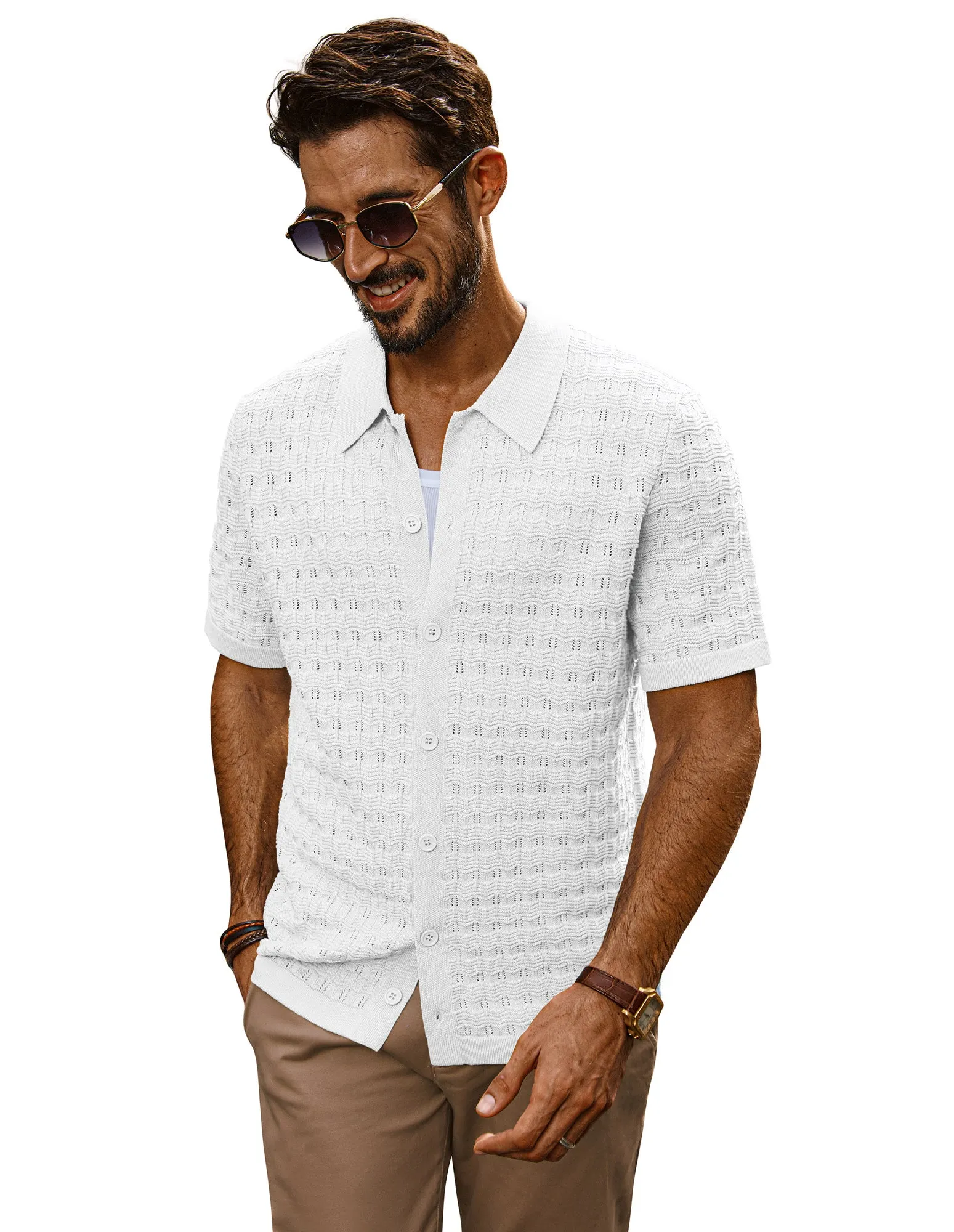 Men Textured Cardigan Short Sleeve Lapel Collar Button-up Tops Knitwear