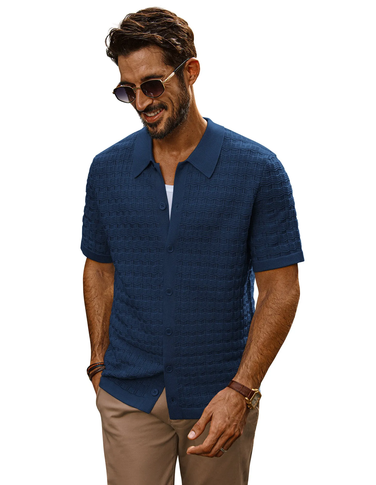 Men Textured Cardigan Short Sleeve Lapel Collar Button-up Tops Knitwear