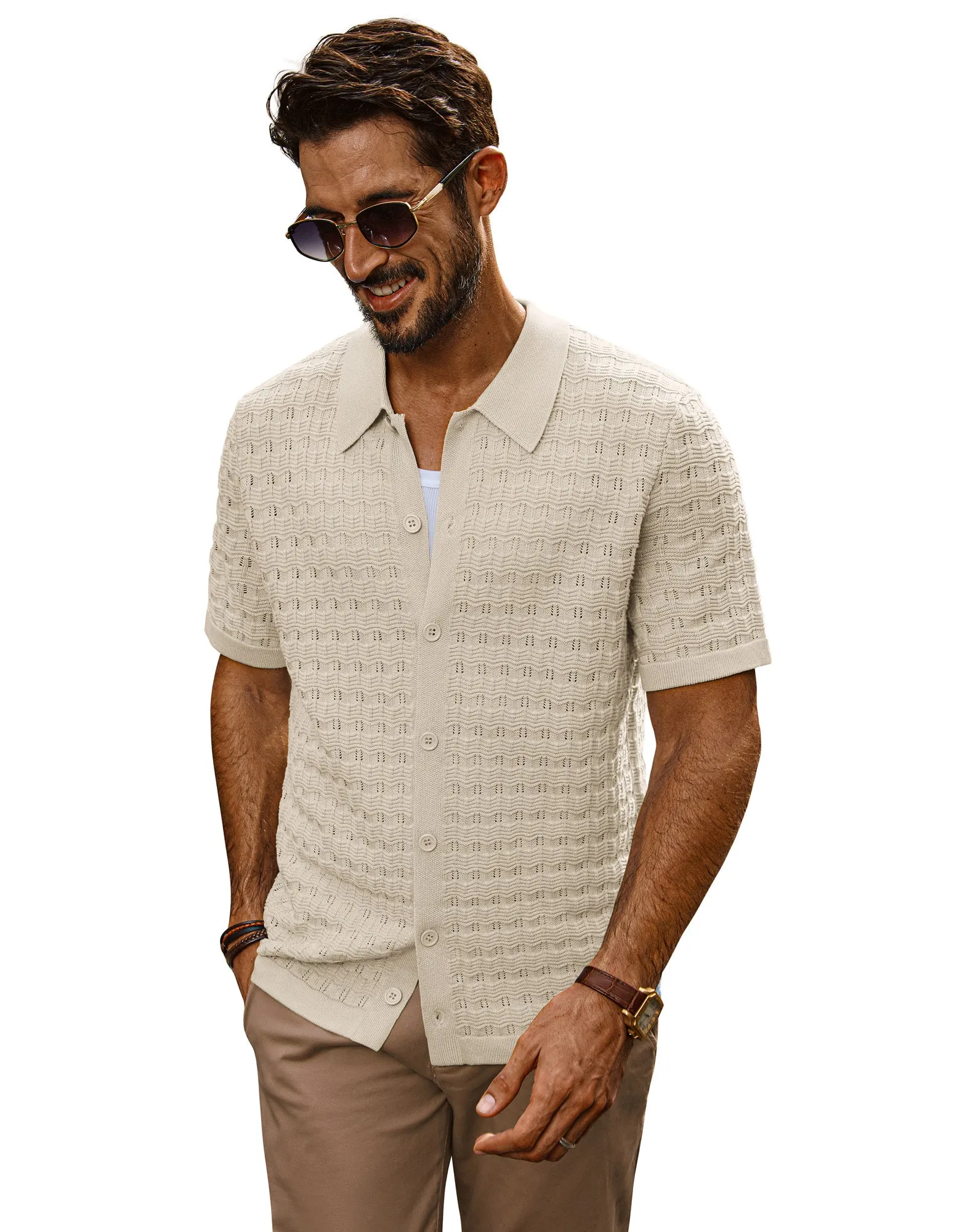 Men Textured Cardigan Short Sleeve Lapel Collar Button-up Tops Knitwear