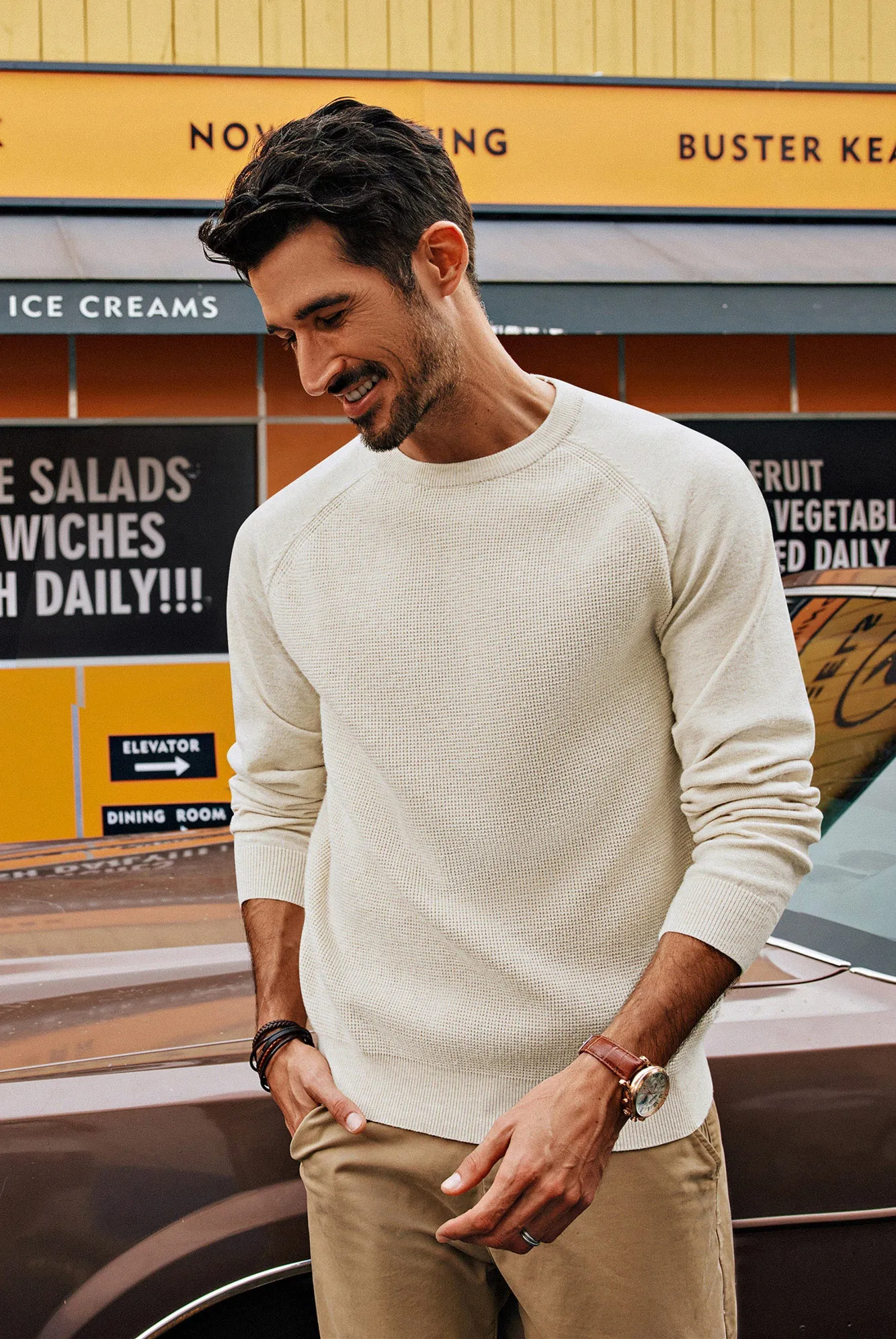 Men Waffle Textured Sweater Long Raglan Sleeve Crew Neck Pullover Knitwear