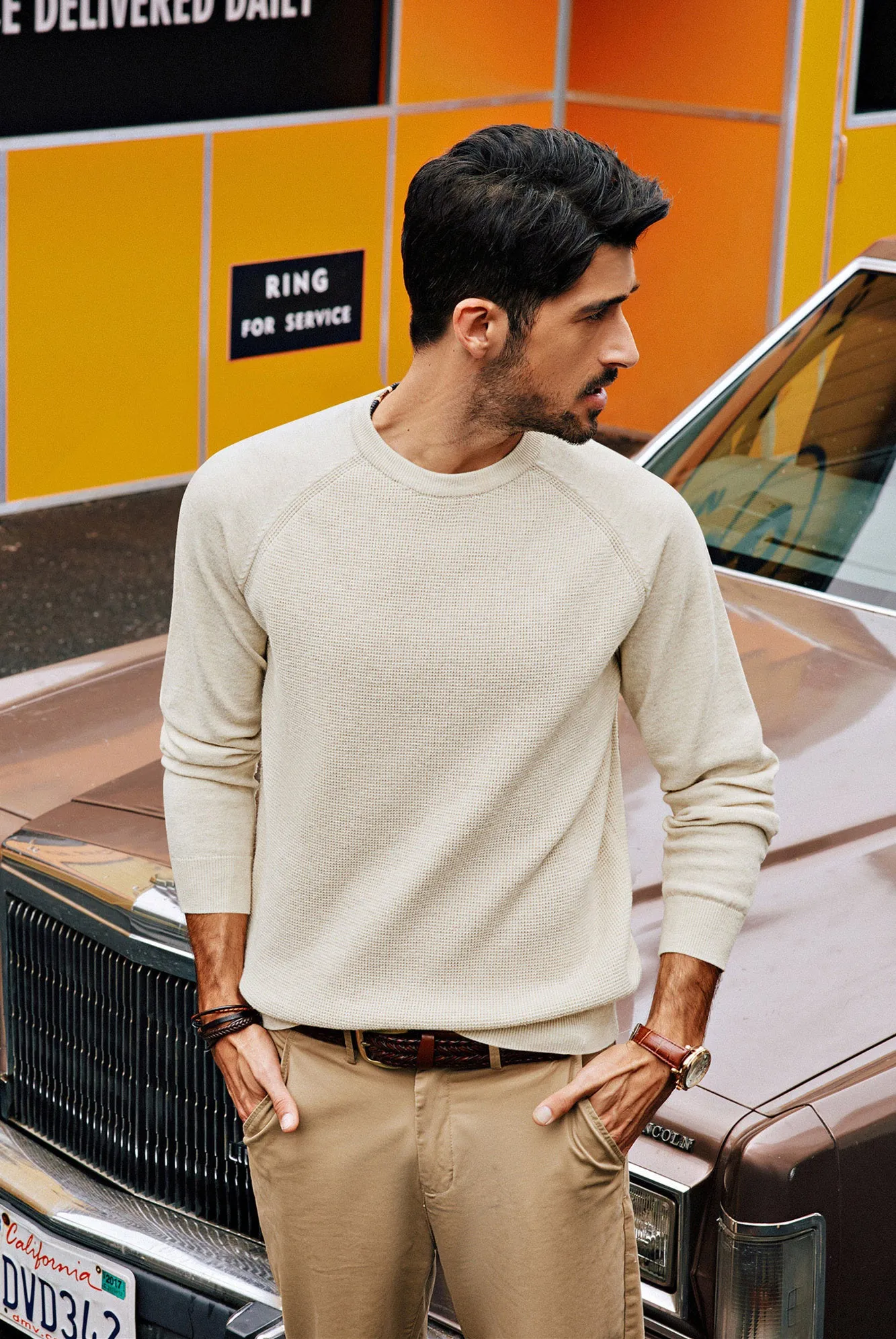 Men Waffle Textured Sweater Long Raglan Sleeve Crew Neck Pullover Knitwear