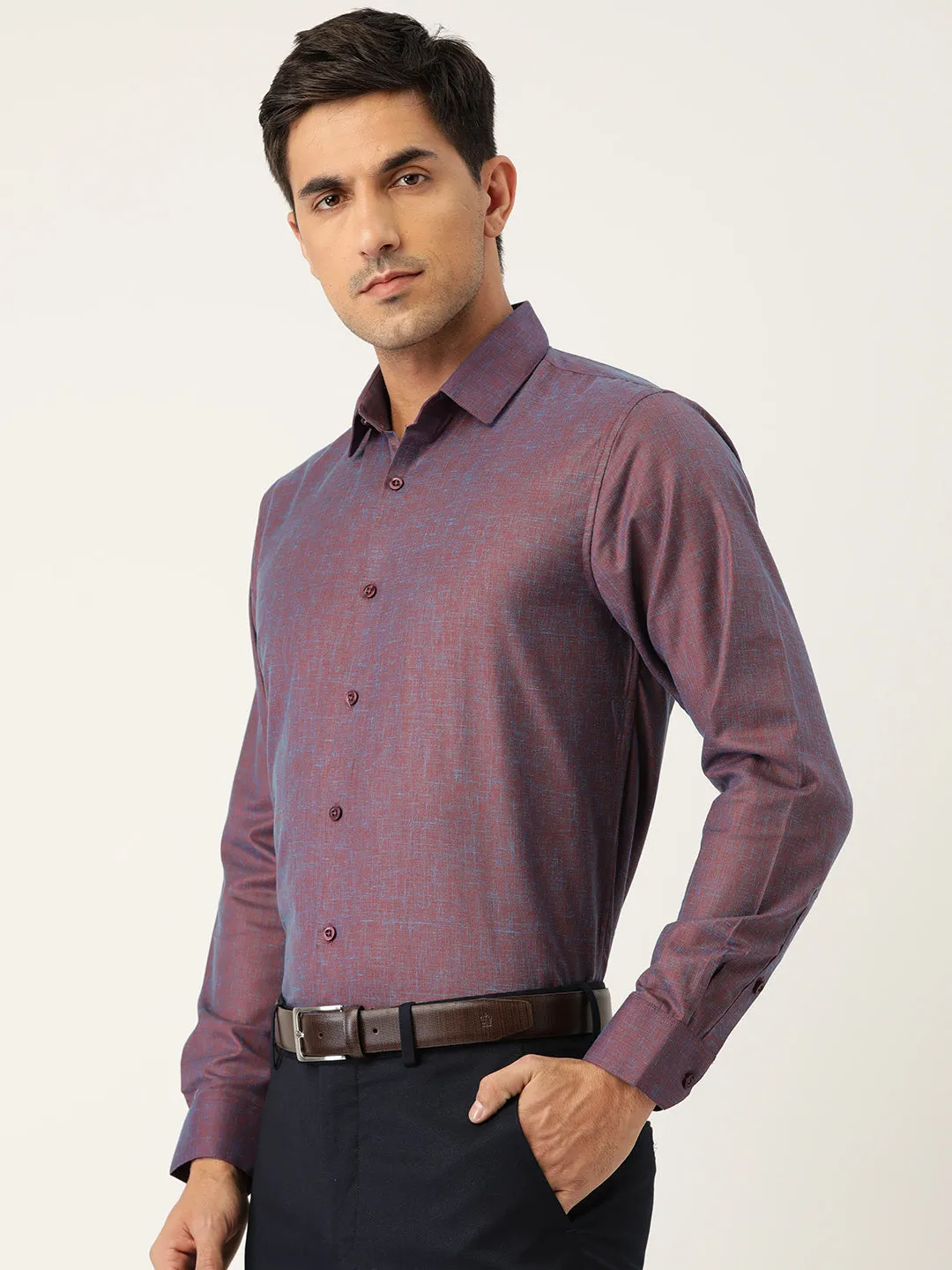 Mens Cotton Linen Dark Purple Solid Formal Shirt - Sojanya