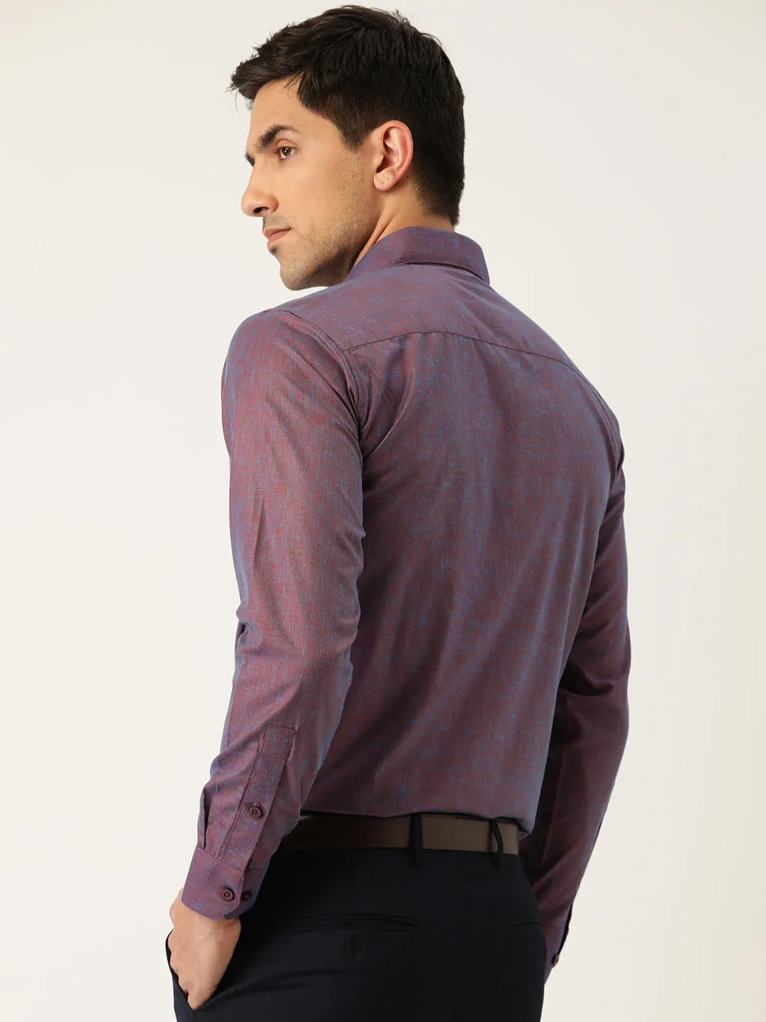 Mens Cotton Linen Dark Purple Solid Formal Shirt - Sojanya