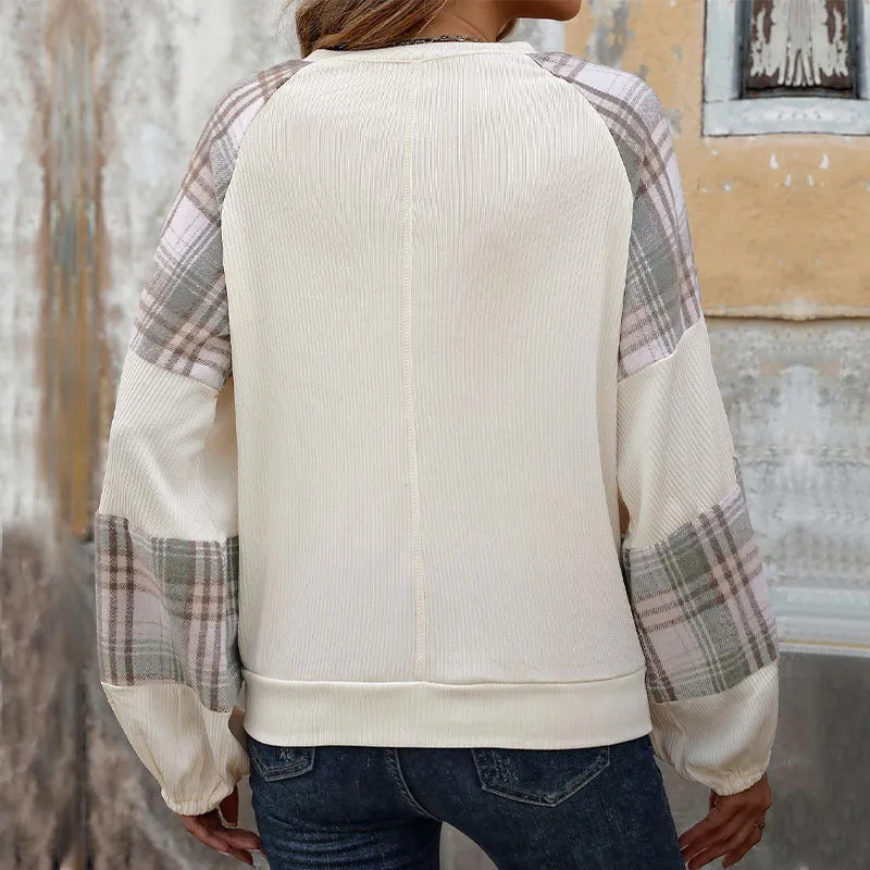 METAVERSMALL 2025 cross-level foreign trade plaid contrasting color splicing round neck pullover sweater loose casual versatile top