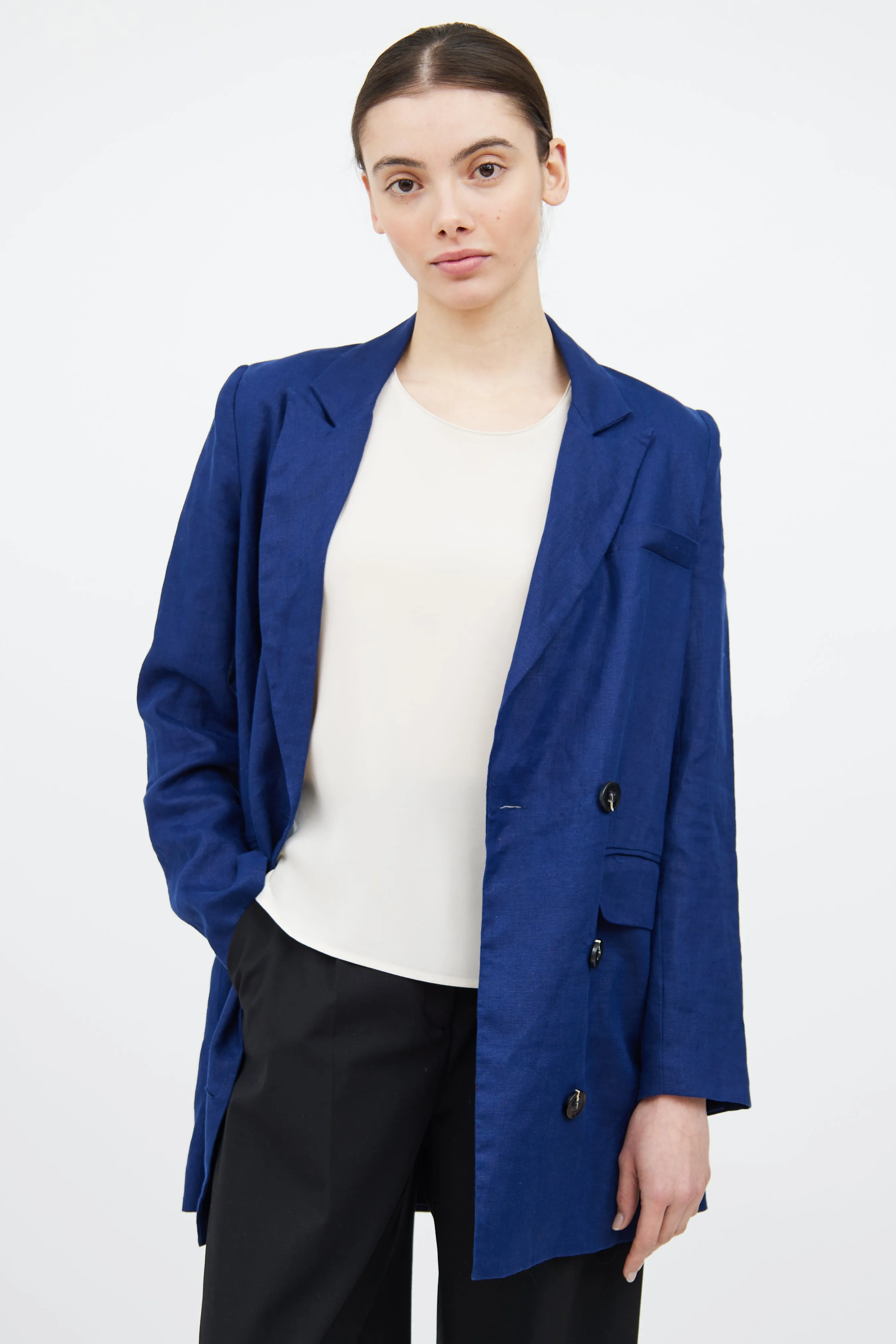 Navy Linen Double Breasted Blazer