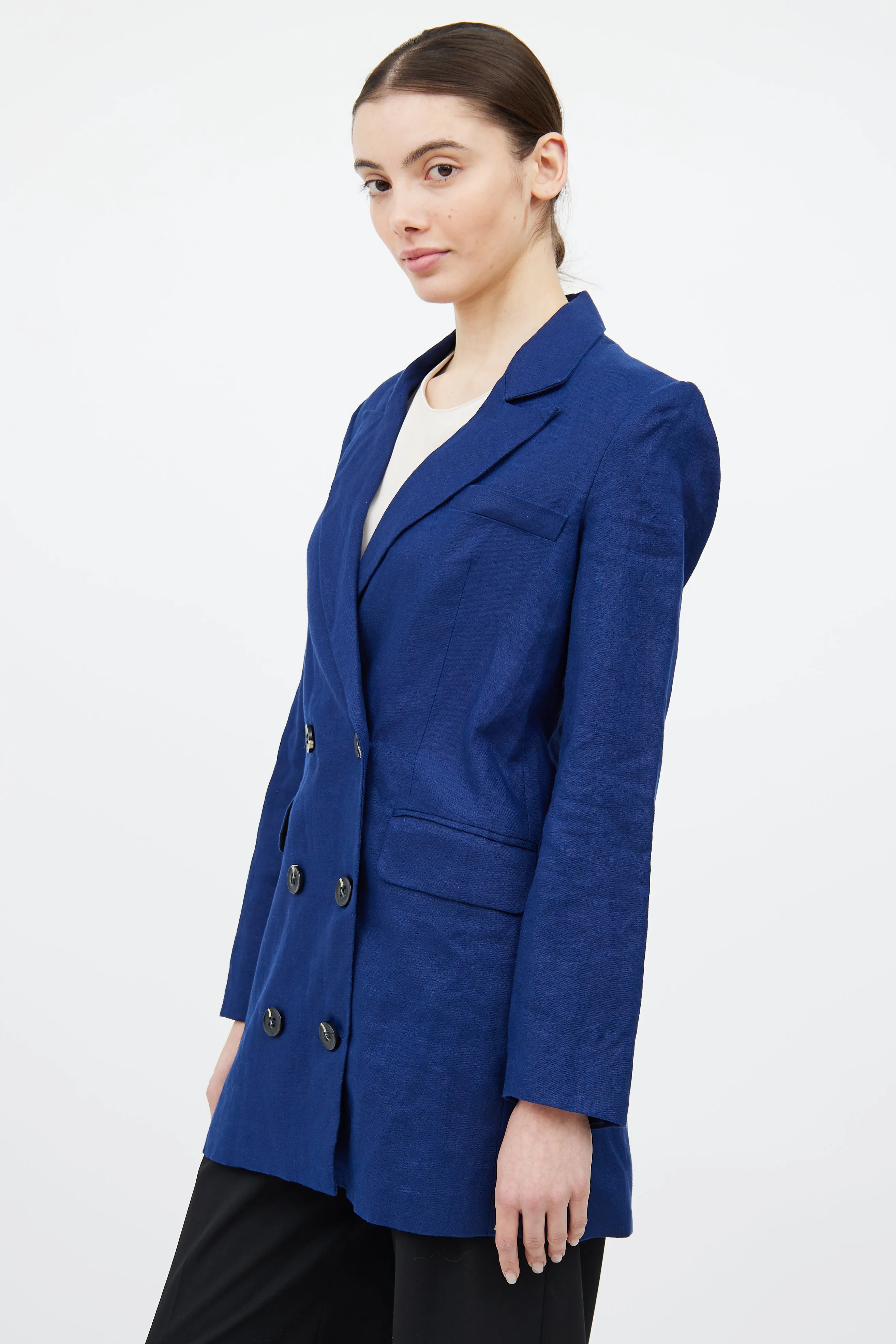 Navy Linen Double Breasted Blazer