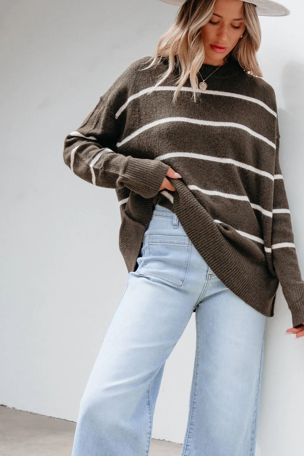 Next To Me Olive Striped Pullover Sweater