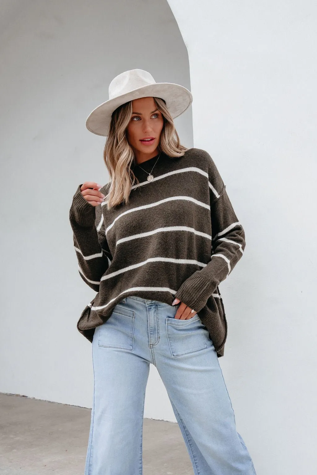 Next To Me Olive Striped Pullover Sweater