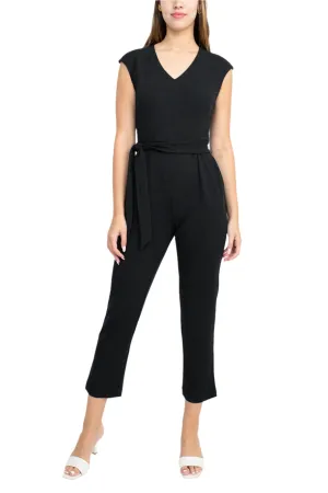 Nine West V-Neck Sleeveless Tie Waist Zipper Back Solid Crepe Jumpsuit with Pockets