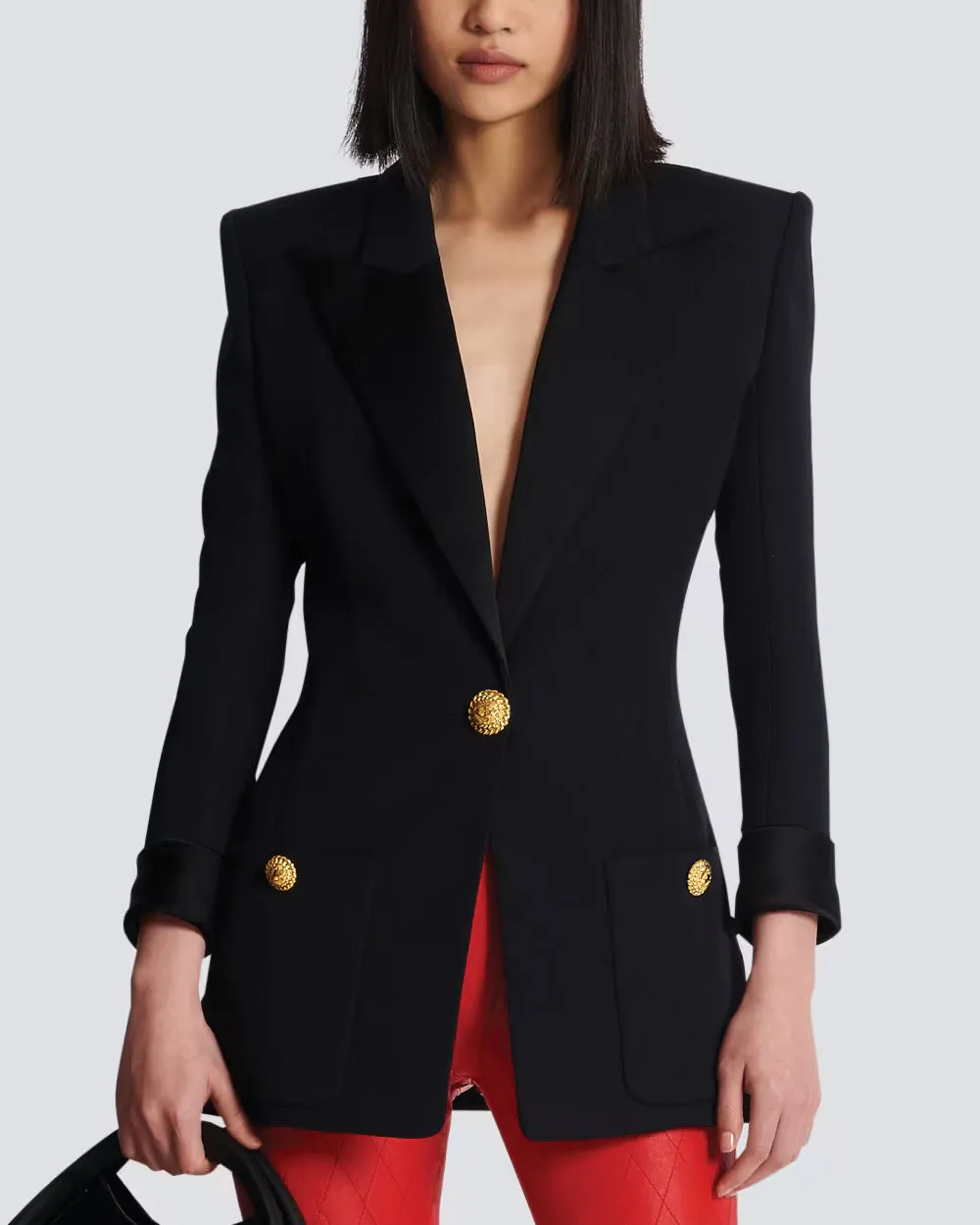 Noir Satin Collar Single Button Jacket