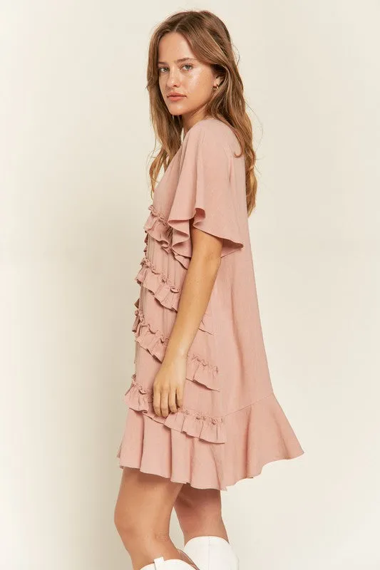 Plus Bell Sleeve Tiered Ruffle Mini Dress