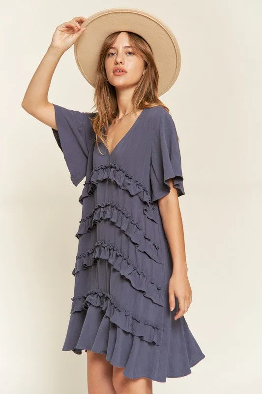 Plus Bell Sleeve Tiered Ruffle Mini Dress