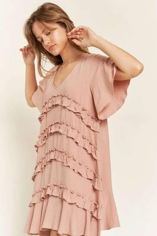 Plus Bell Sleeve Tiered Ruffle Mini Dress