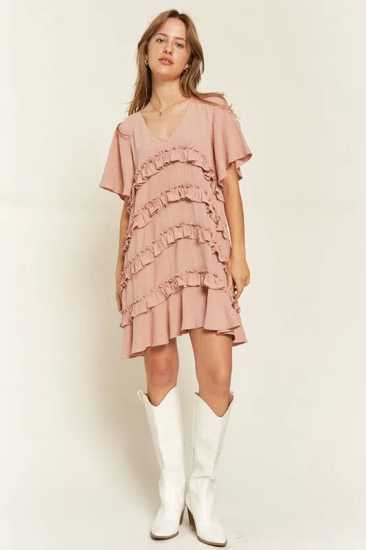 Plus Bell Sleeve Tiered Ruffle Mini Dress