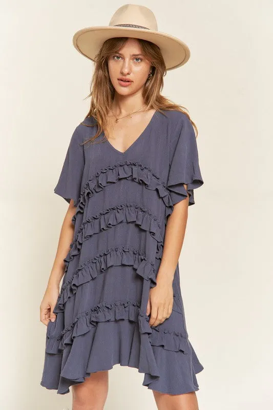 Plus Bell Sleeve Tiered Ruffle Mini Dress