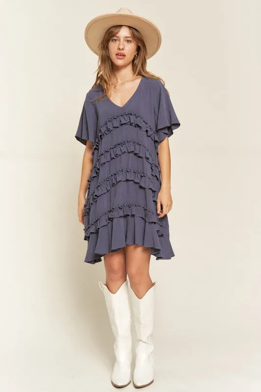 Plus Bell Sleeve Tiered Ruffle Mini Dress