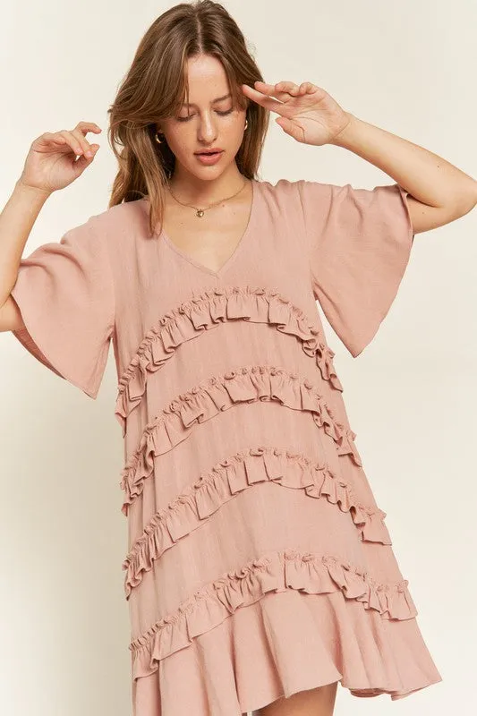 Plus Bell Sleeve Tiered Ruffle Mini Dress