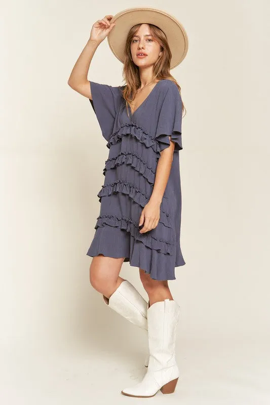 Plus Bell Sleeve Tiered Ruffle Mini Dress