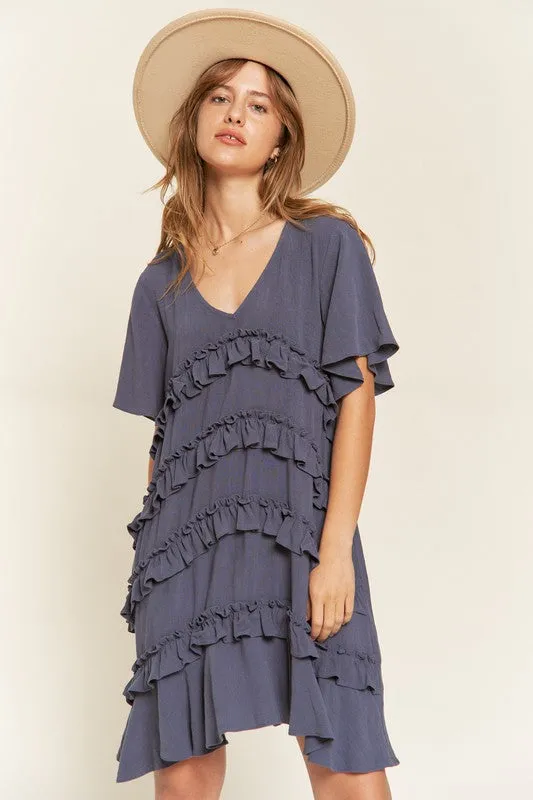 Plus Bell Sleeve Tiered Ruffle Mini Dress