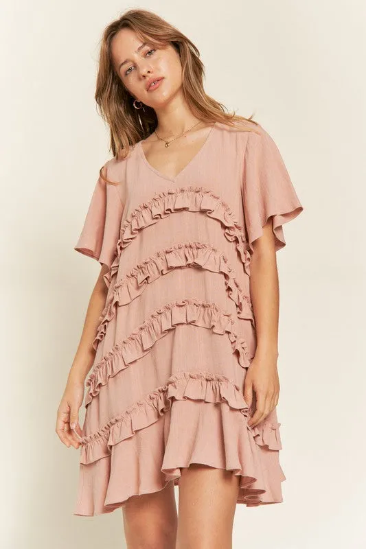 Plus Bell Sleeve Tiered Ruffle Mini Dress