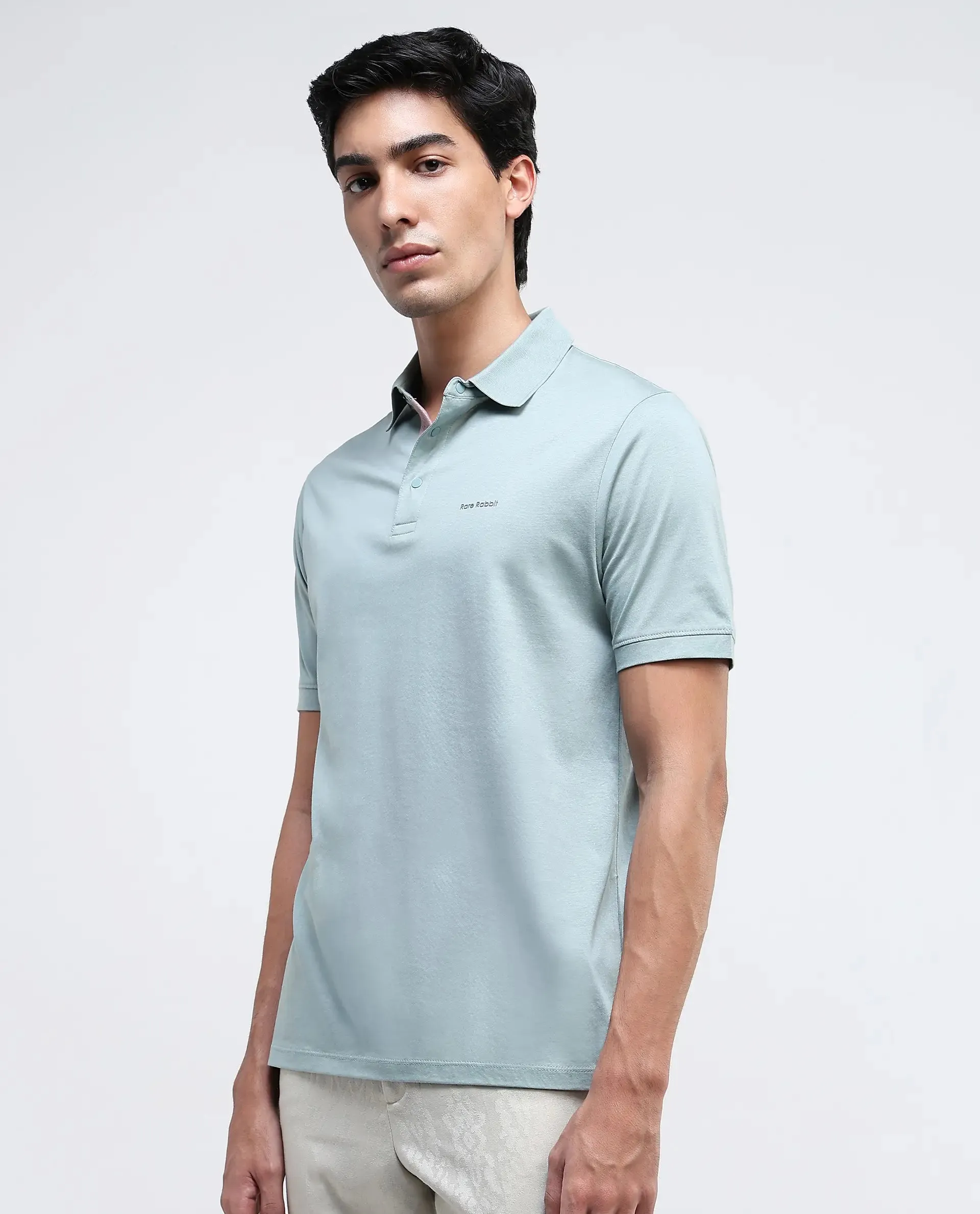 Rare Rabbit Mens Keneth Light Teal Short Sleeve Contrast Inner Placket Solid Polo-Tshirt