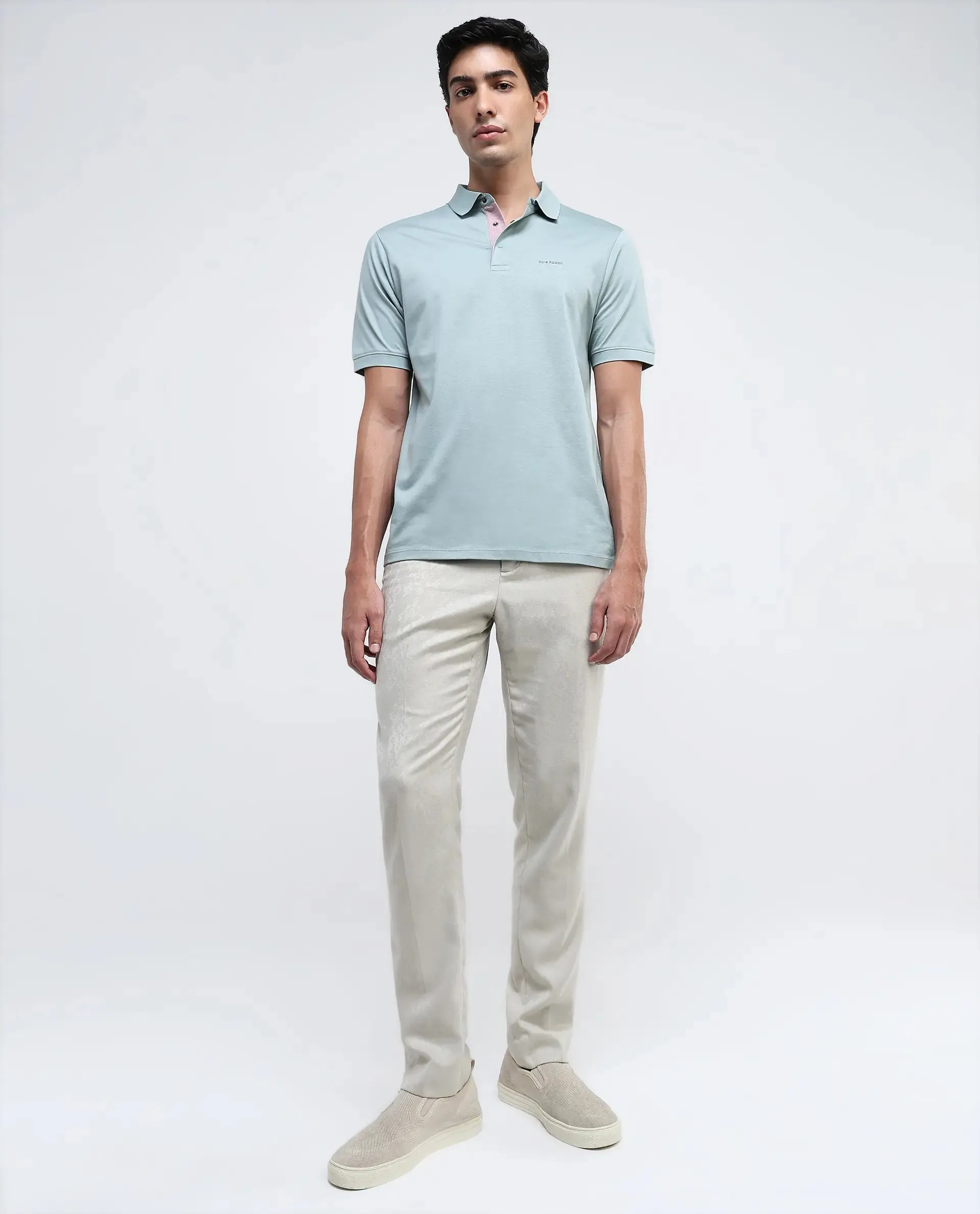 Rare Rabbit Mens Keneth Light Teal Short Sleeve Contrast Inner Placket Solid Polo-Tshirt