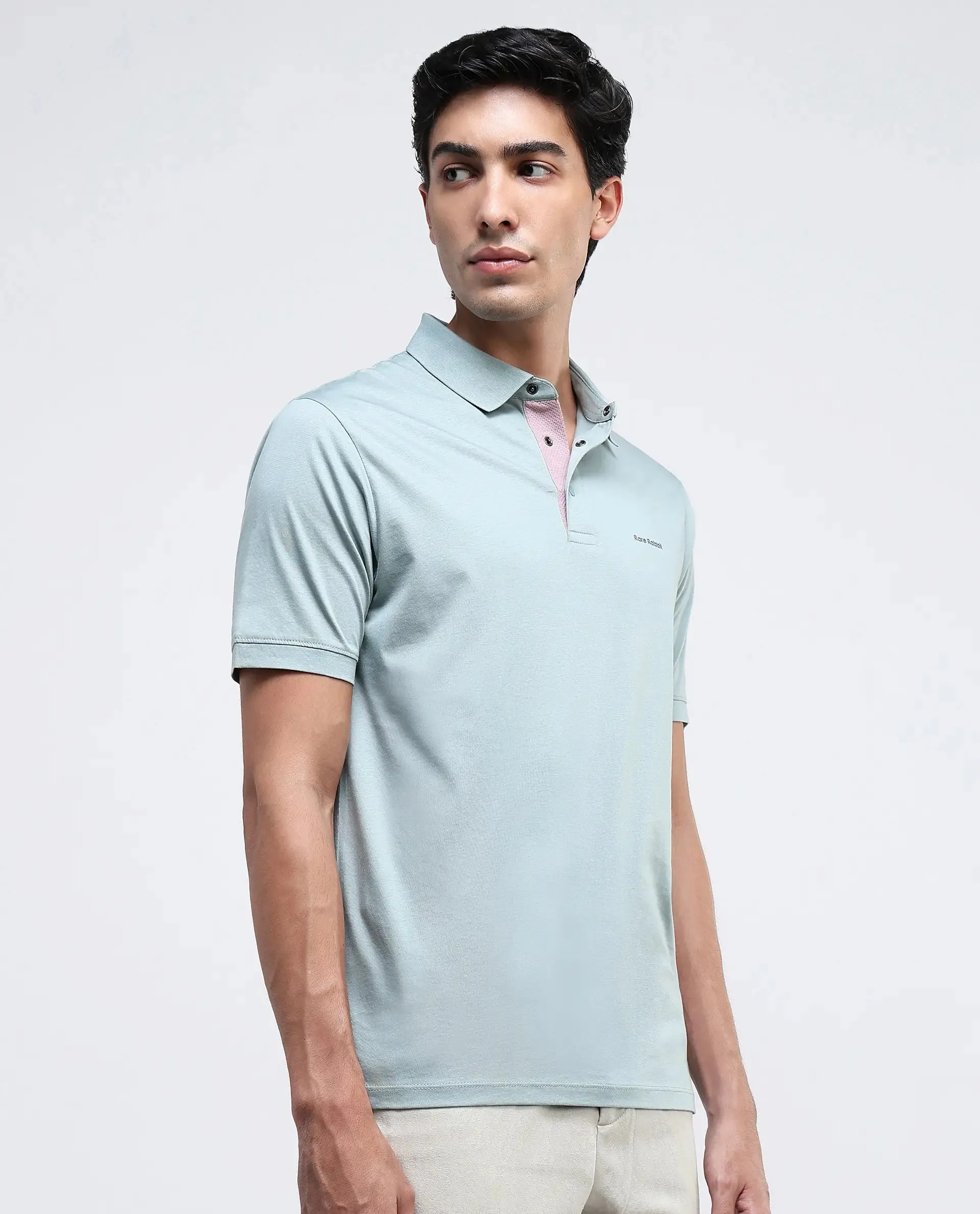 Rare Rabbit Mens Keneth Light Teal Short Sleeve Contrast Inner Placket Solid Polo-Tshirt