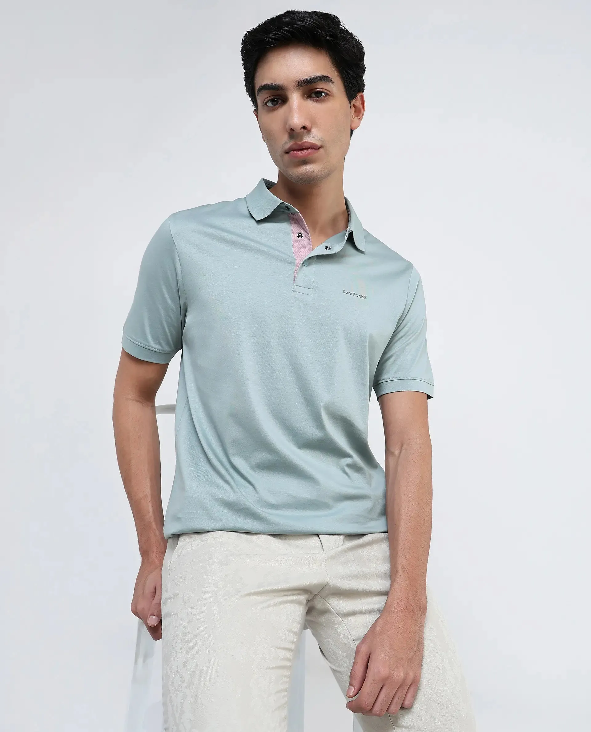 Rare Rabbit Mens Keneth Light Teal Short Sleeve Contrast Inner Placket Solid Polo-Tshirt