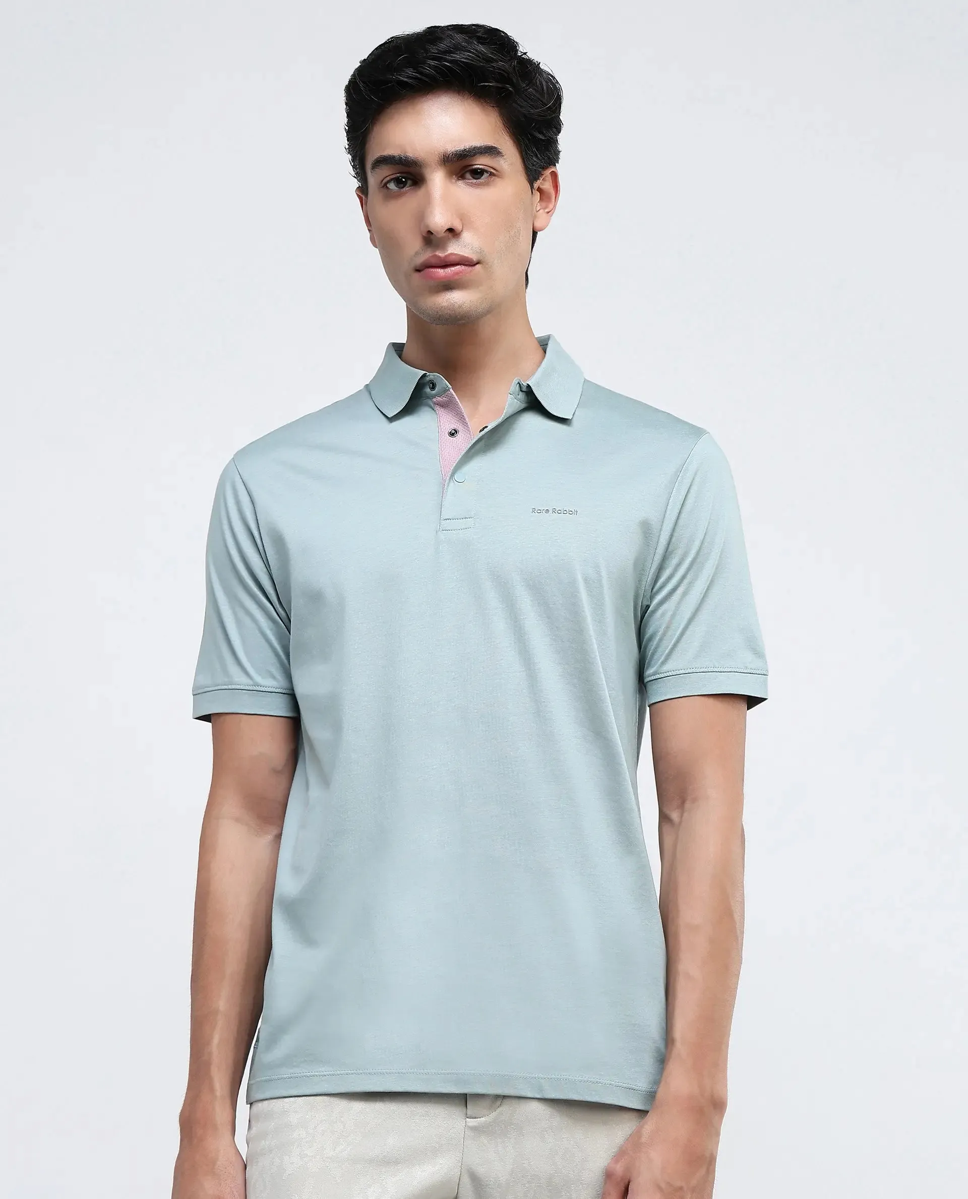 Rare Rabbit Mens Keneth Light Teal Short Sleeve Contrast Inner Placket Solid Polo-Tshirt