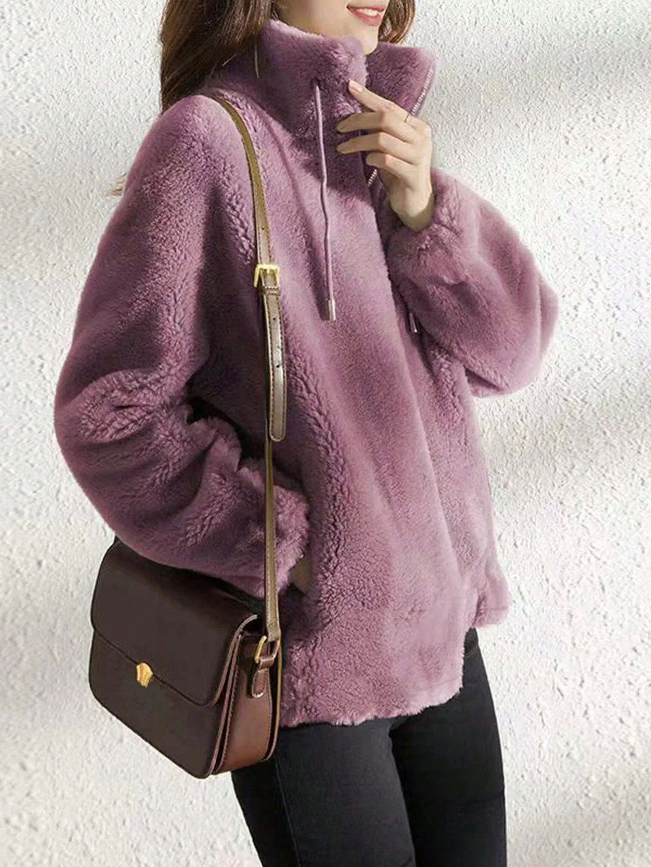 SHEIN Casual Solid Color Double Fleece Stand Collar Jacket For Autumn/Winter