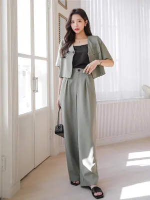 SHEIN DAZY Solid Flap Detail Single Button Top & Wide Leg Pants