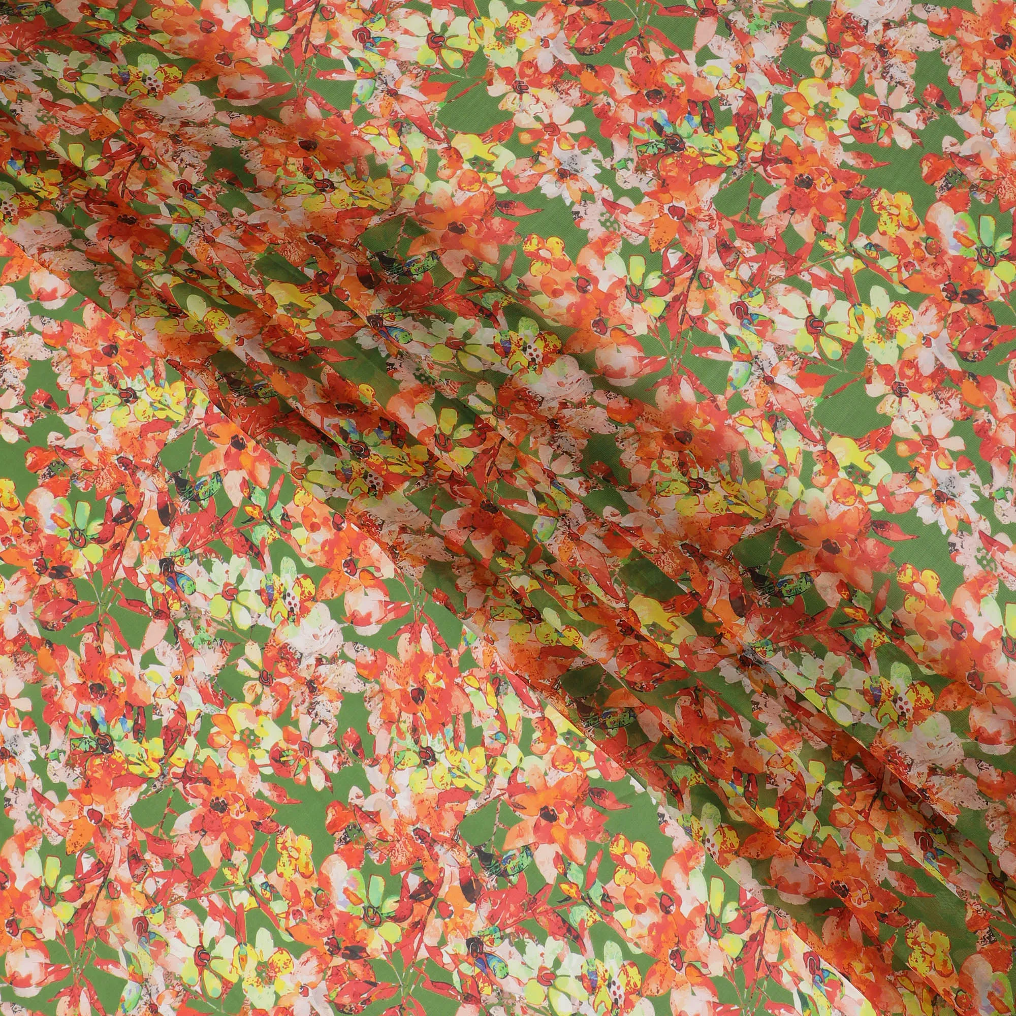 Spring Green Synthetic Chiffon Fabric with Vibrant Red Floral Print, 140 cm Wide-D19109