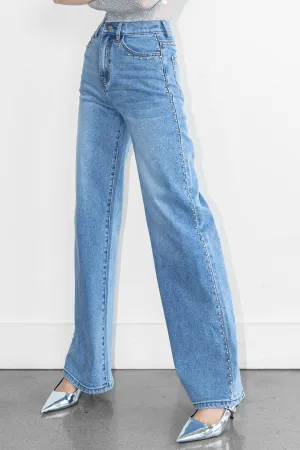 Studded Wide Leg Denim Jeans