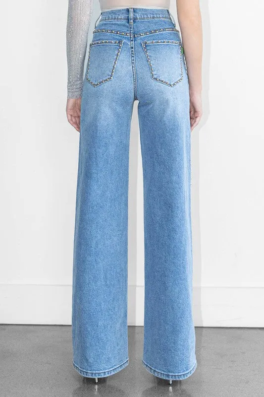 Studded Wide Leg Denim Jeans