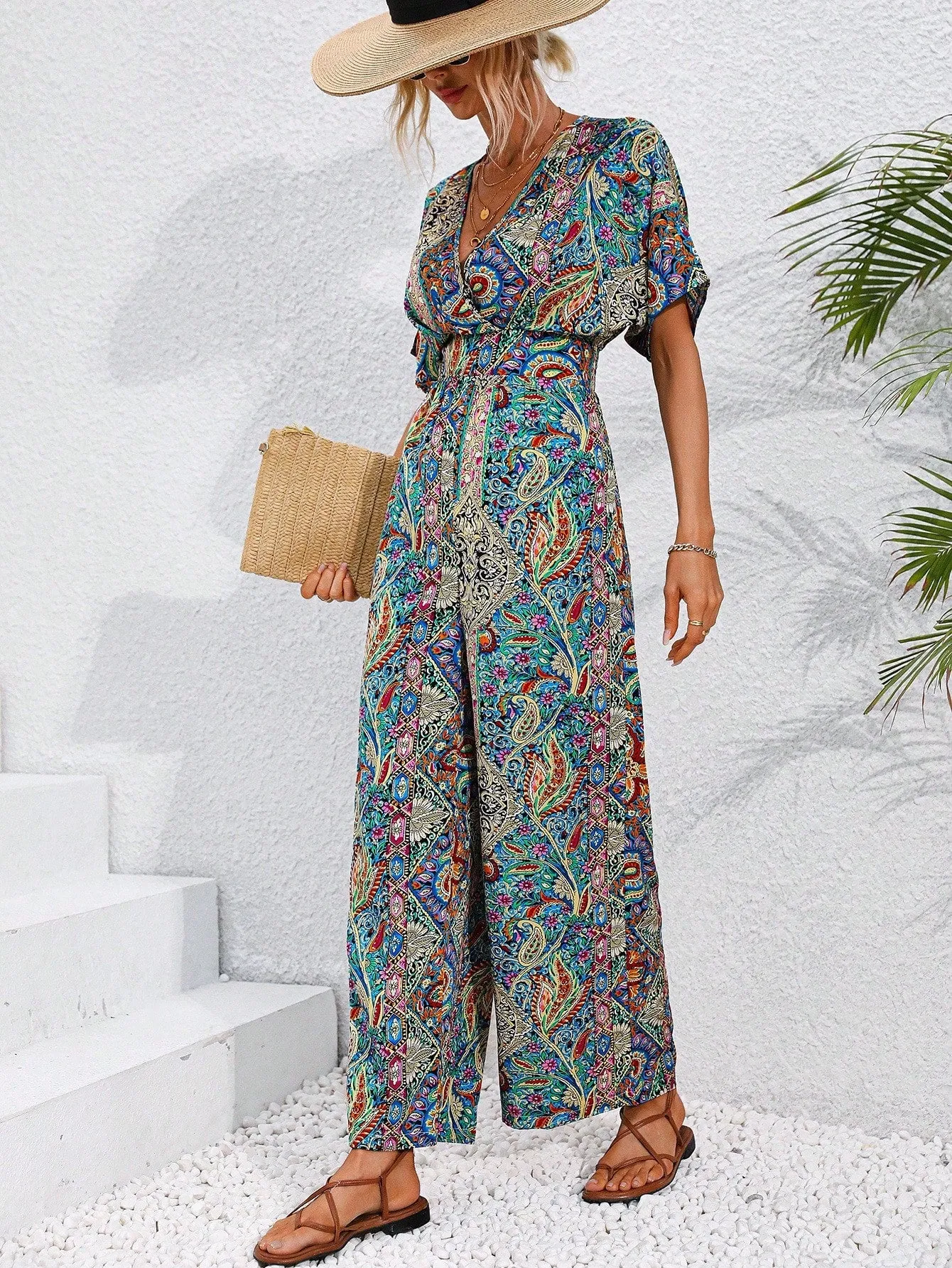 VCAY Full Printed Batwing Sleeve Jumpsuit