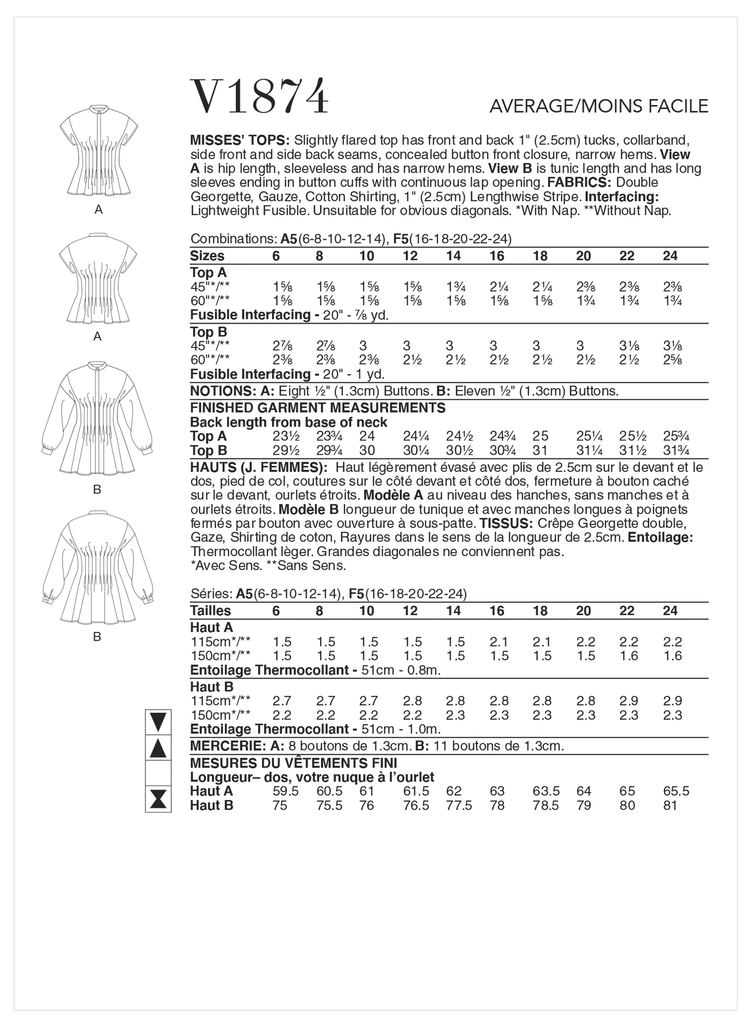 Vogue Pattern V1874 Misses' Tops