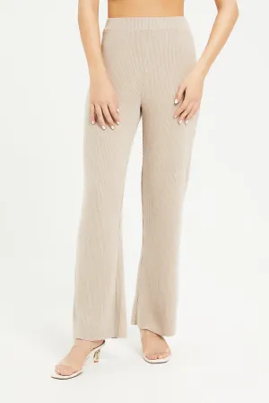 Women Beige Elasticated Waist Rib Wide Leg Trouser