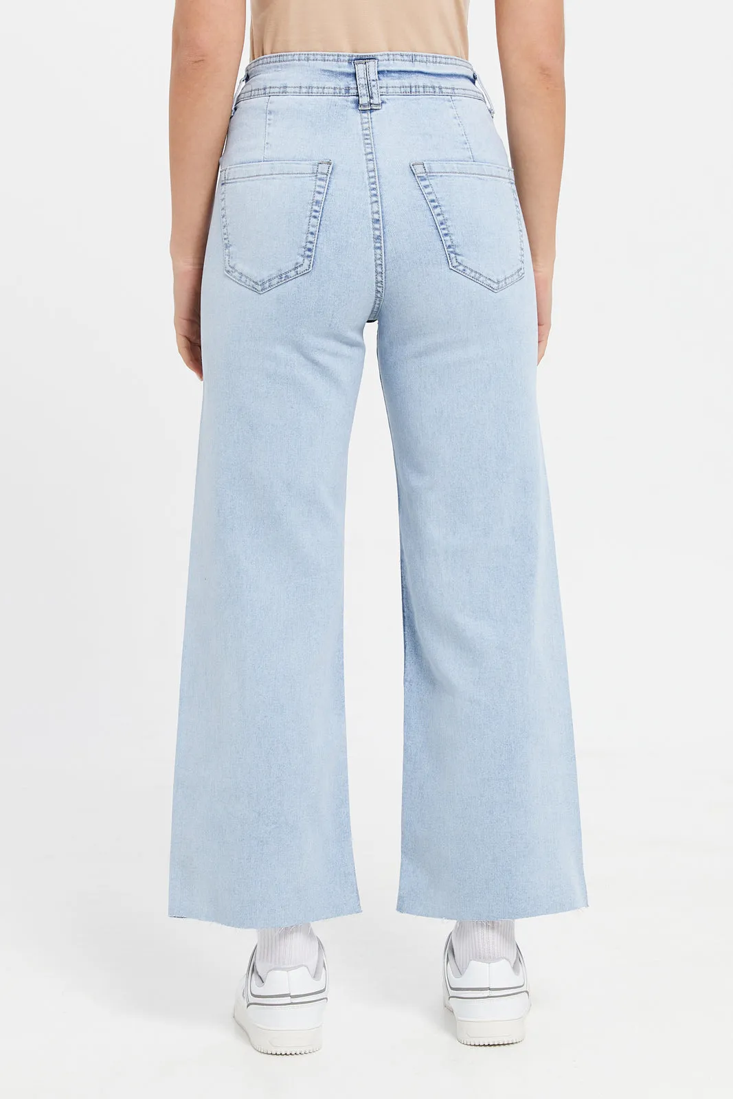 Women Blue Cropped Wide Leg Jeans