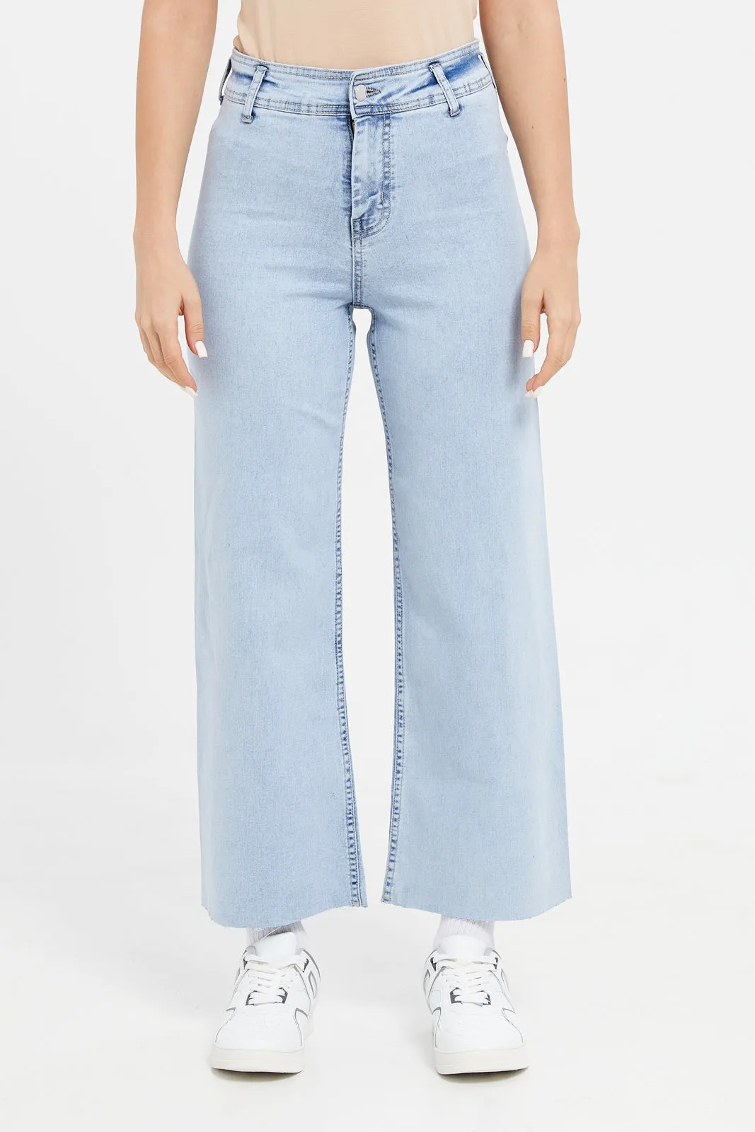 Women Blue Cropped Wide Leg Jeans